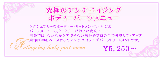 ���ɂ̃A���`�G�C�W���O �{�f�B�[�p�[�c���j���[�@���O�W���A���[�ȃ{�[�f�B�[�g���[�g�����g���������ǃp�[�c���j���[���A�Ƃ��Ƃ񂱂�������M���ɁE�E�E
�����ł́A�Ȃ��Ȃ��P�A�ł��Ȃ��������v���̎�ő������t�g�A�b�v���m��w���x�[�X�ɂ����A���`�G�C�W���O�p�[�c�g���[�g�����g�ł��B